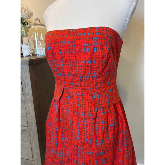 Tabitha by Anthropologie | Crosshatch Strapless Red/Blue Fit & Flare Dress | 6 - Picture 5 of 13